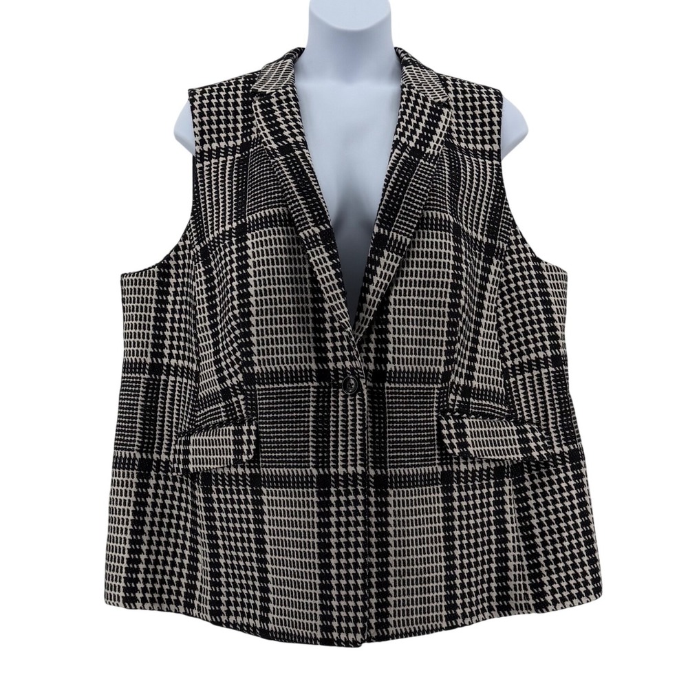 Talbots Wool Blend Plaid Vest Women Plus Size 24W Black White Houndstooth NWT